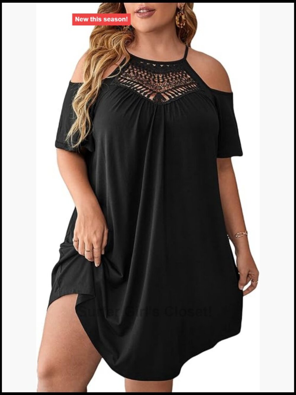 Plus Size Lace Cold Shoulder T-Shirt Dress, Short Sleeve Loose Casual Mini Dress